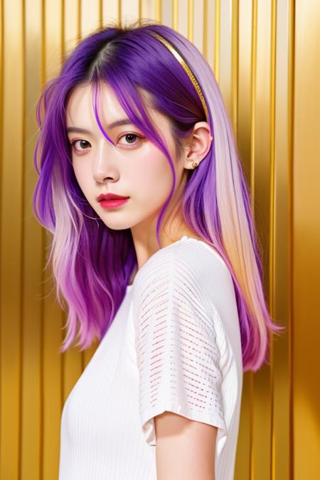 09981-4106304758-a woman with a white top and purple hair posing for a picture in front of a gold wall with a red and blue stripe,Du Qiong,photor.png